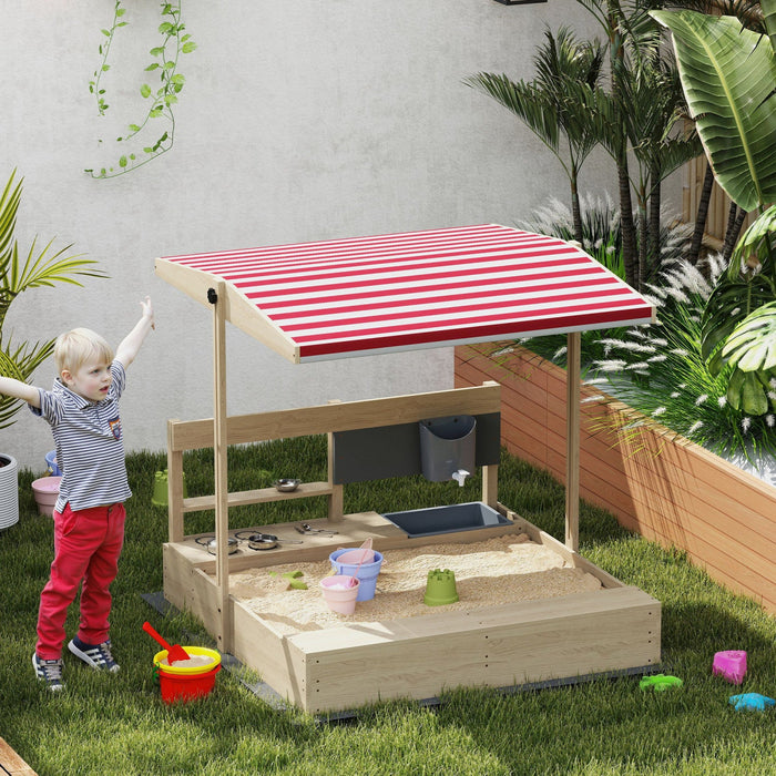 Outsunny Kids Sandbox with Cover, Wooden Sand Box with Adjustable Cover, Kitchen Playset Toys, Seat, Storage, Outdoor Sand Play for 3-7 Years Old, 45 x 43 x 43inch, Natural Wood