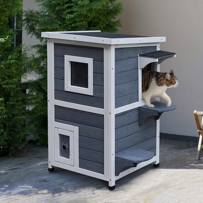 Pawhut 2 Story Outdoor Cat House, Outdoor Cat Enclosure Wooden Cat Shelter With Windows, Platforms, 