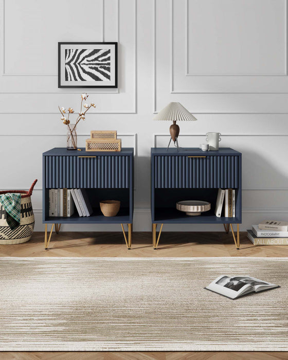 Dumbo Modern 20\" Fluted Nightstand in Midnight Blue (1-Drawer) - Set of 2 