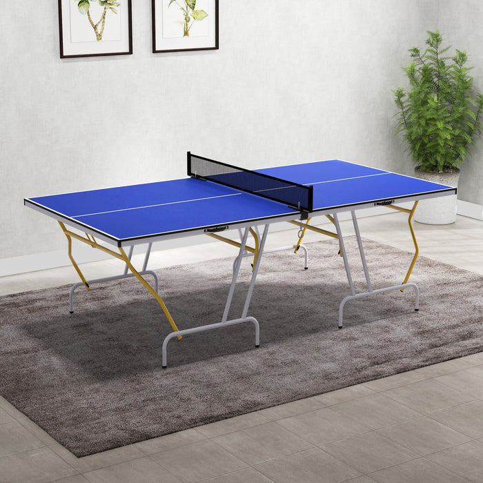 Soozier Full Size Ping Pong Table, Fold Into Quarters, Portable Table Tennis Table With Net, Paddles