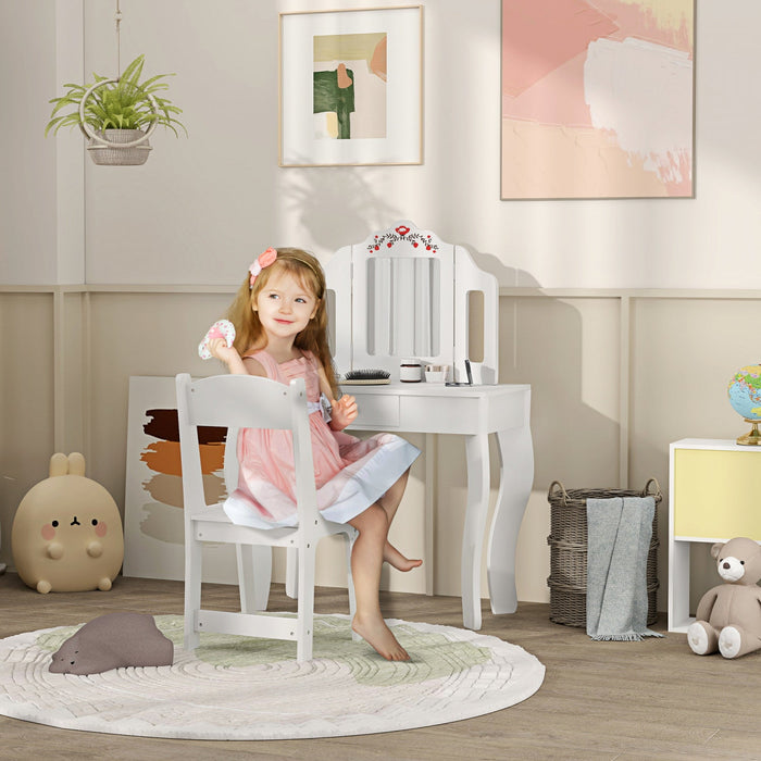 Qaba Kids Vanity Set, Dual-use Dressing Table With Removable Tri-folding Mirror, Makeup Table With S