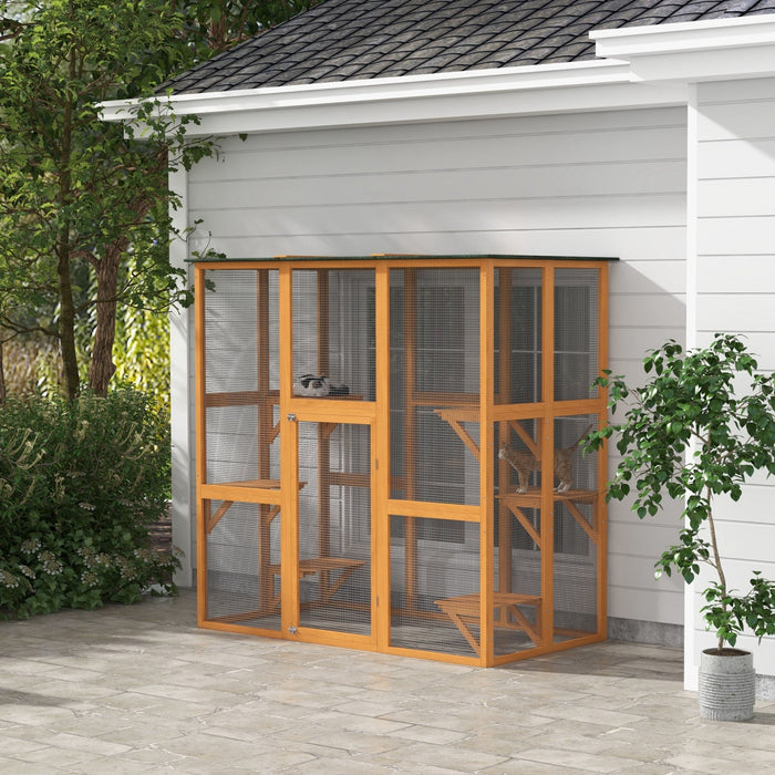 Pawhut Large Outdoor Catio Enclosure, Weatherproof Cat House With Asphalt Roof, Wooden Cat Patio Cag