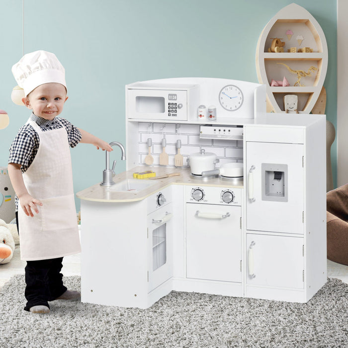 Qaba Kids Kitchen Play Cooking Toy Set For Children With Drinking Fountain, Microwave, And Fri - White 