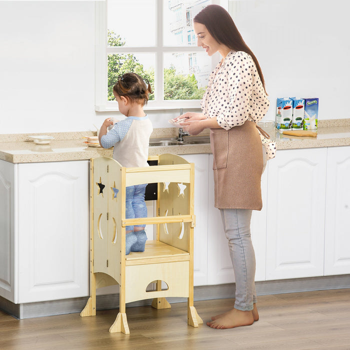 Qaba Kids Kitchen Helper Foldable Step Stool Toddler Kitchen Stool With Blackboard Lockable Handrail