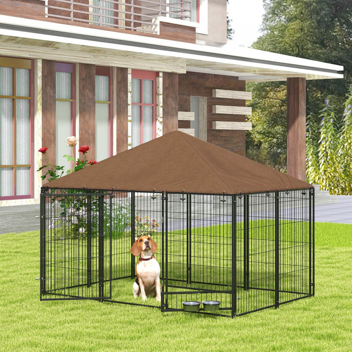 Pawhut Dog Run, 6.9' X 4.6' X 5' Outdoor Dog Kennel With Canopy, Rotating Bowls, Door For Backyard &