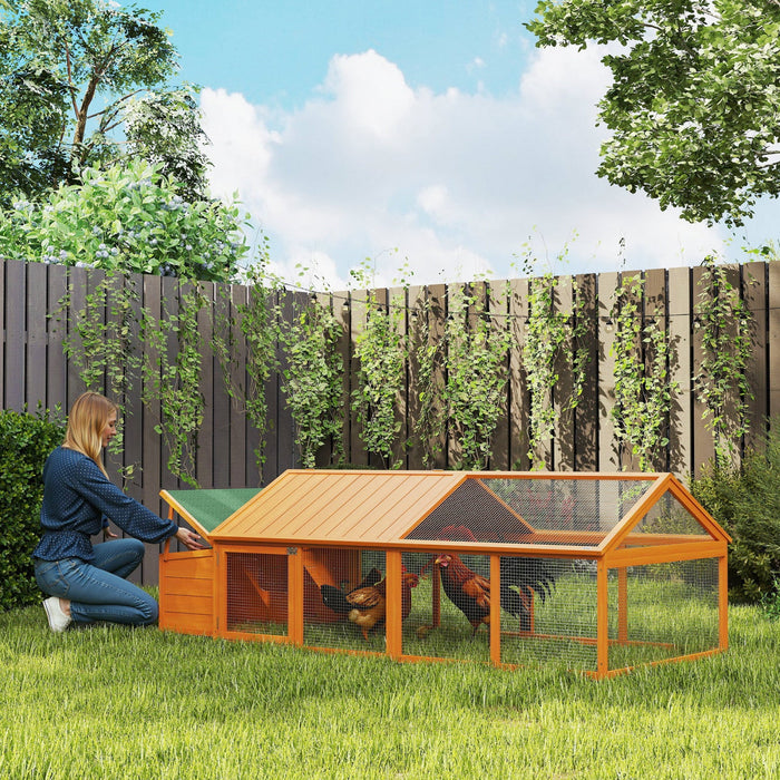 Pawhut 95"L Large Chicken Run, Wooden Chicken Coop with Nesting Box, Lift-up Top, Side Door and Wooden Roof, Poultry Cage for Outdoor, for 4-8 Chickens, Rabbits, Ducks, Orange