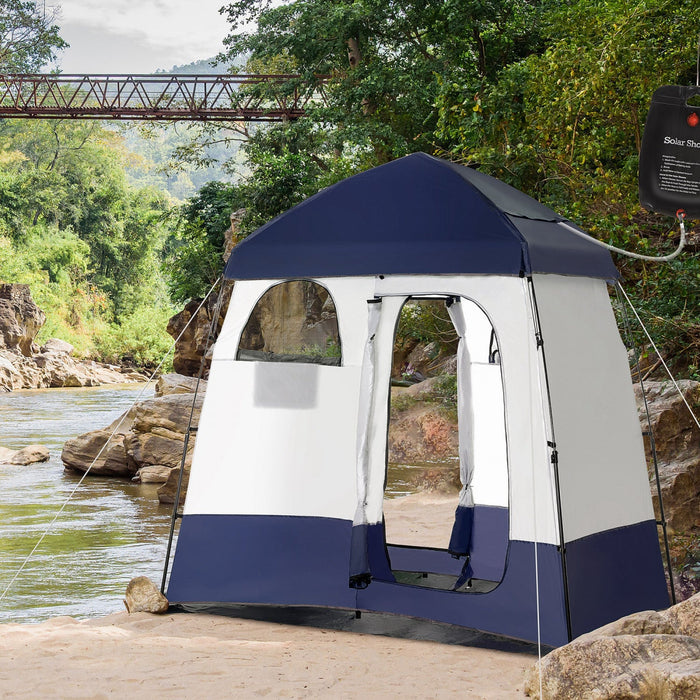 Outsunny Two Room Pop Up Shower Tent W/ Shower Bag, Floor, Carry Bag, Blue
