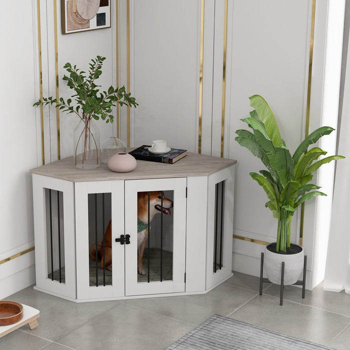 Pawhut Corner Dog Crate Furniture, 41\" Dog Crate End Table With Cushion, Door, Lock, Indoor Dog Cage