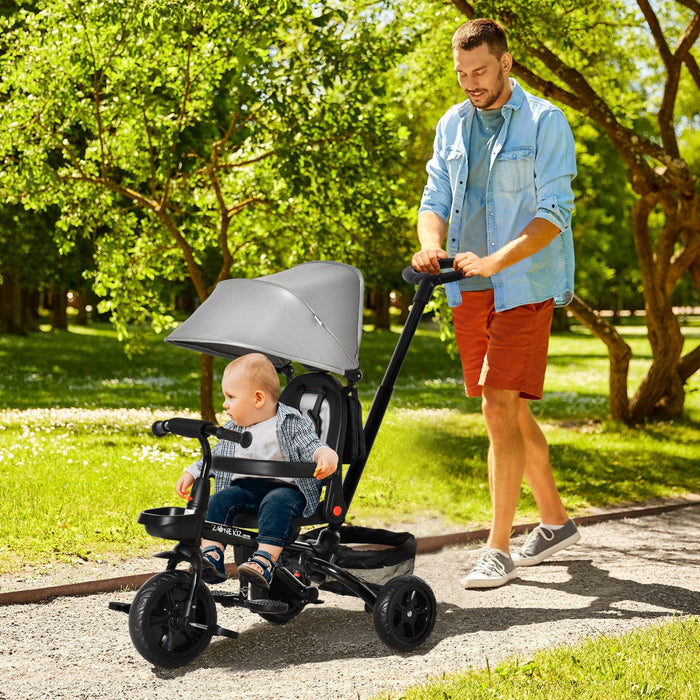 Qaba Baby Tricycle 4 In 1 Trike W/ Reversible Angle Adjustable Seat Removable Handle Canopy Handrail