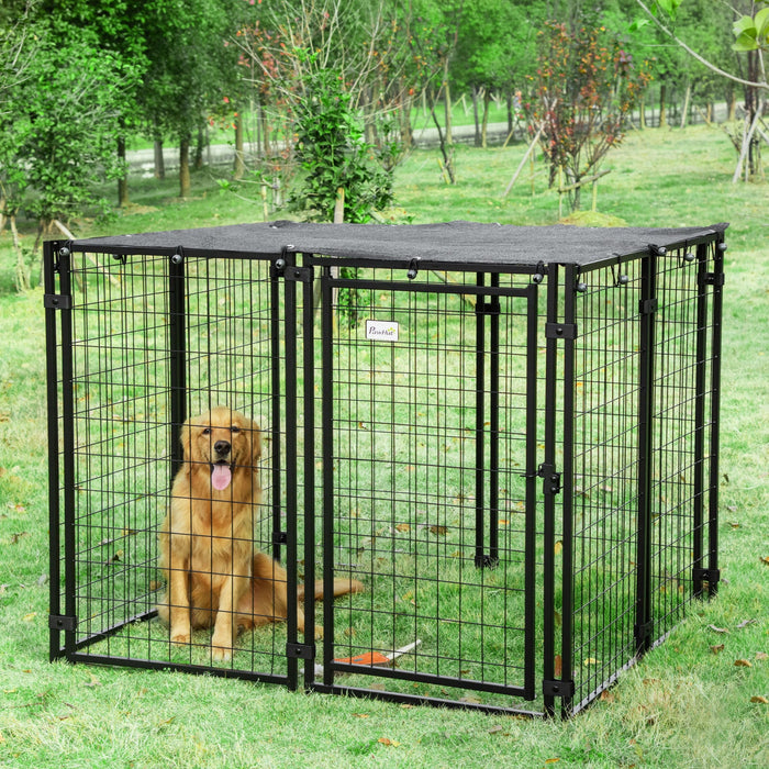 Pawhut Outdoor Dog Kennel, Welded Wire Steel Fence, Lockable Pet Playpen Crate, With Top Cover, Door
