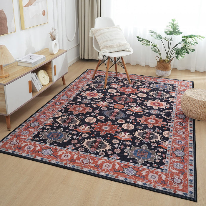 Aqua Black Star Washable Non-slip Low Pile Area Rug 5'x7' 