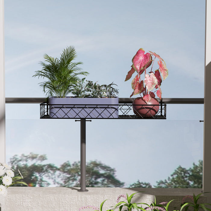 Outsunny 32'' X 12'' Hanging Flower Pot Stand Rack With Hooks, Metal Plant Pot Holder, Railing Shelf