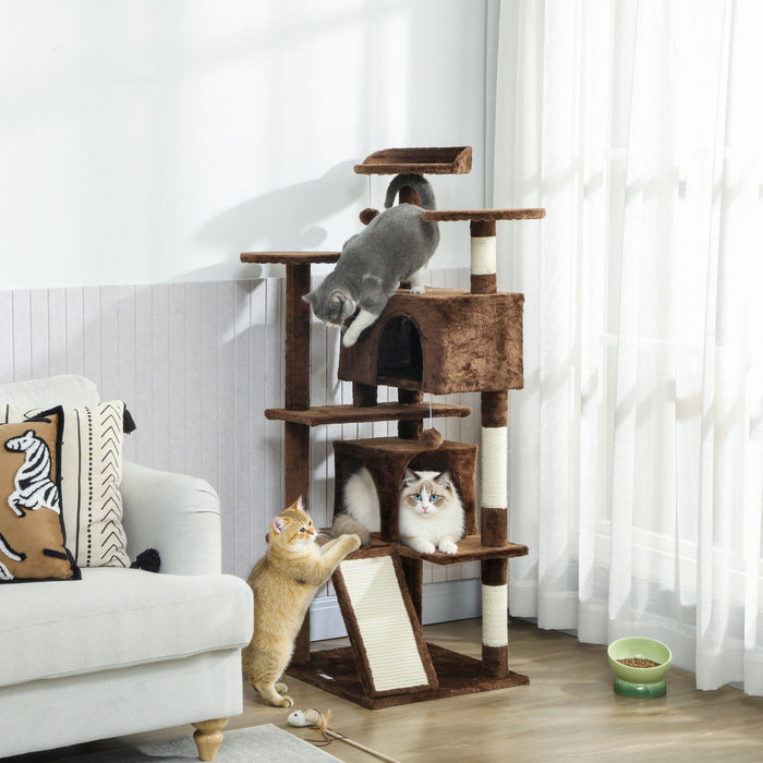 PawHut 54" Cat Tree, Cat Tower for Indoor Cats with Scratching Posts, Cat Condos, Bed, Platforms, Ramp, Toy Ball, Cat Activity Center, Light Brown