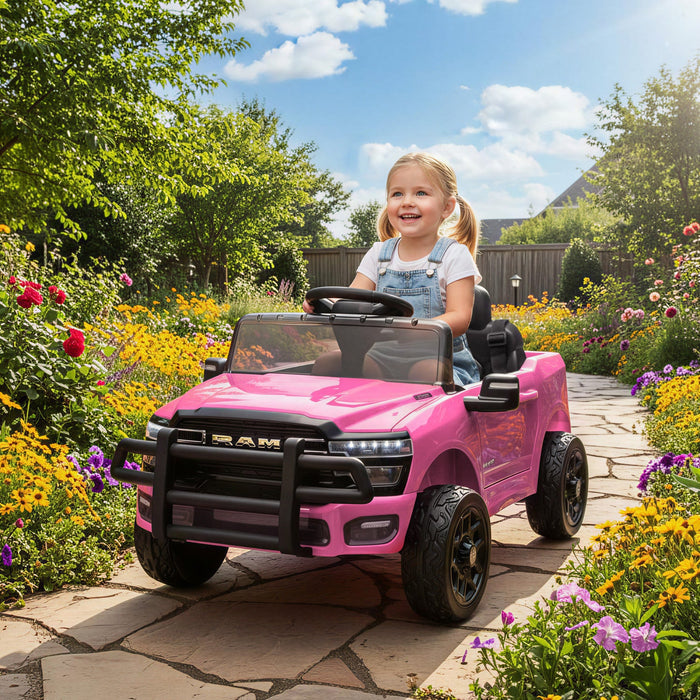 Qaba 12V Kids Car, Electric Ride on Vehicle Licensed Dodge RAM 3500 Battery Powered with Remote Control, Rear Suspension, Bluetooth, Power Display and LED Light for 3-5 Years, Pink