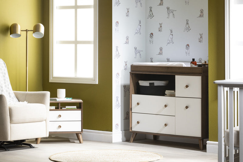 Yodi Wide Changing Table With Drawers - Natural Walnut and White 