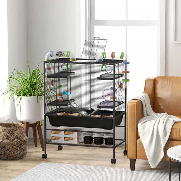 Pawhut 43\" Hamster Cage, Small Animal House Rolling Rat Cage With Tunnel Tube System, Exercise Wheel
