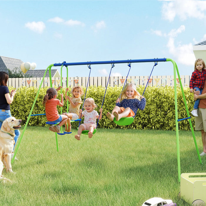 Outsunny 3 in 1 Metal Swing Set with Double Swings, Glider, Kids Swing Set for Backyard, Outdoor, Playground, Green