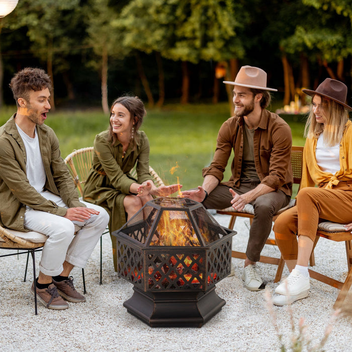 Outsunny Outdoor Fire Pit With Mesh Lid, Portable Wood Burning Firebowl With Poker For Patio, Backya