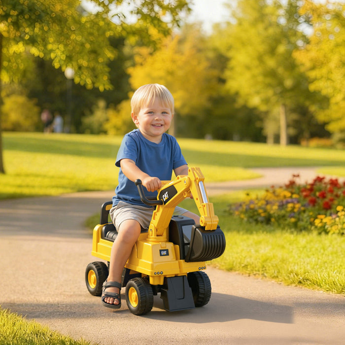 Aosom Ride-On Excavator for Kids, CAT Licensed Kids Manual Pedal Ride on Toy with Manual Shovel, Horn, Hidden Storage for 18-36 Months Boys and Girls, Yellow