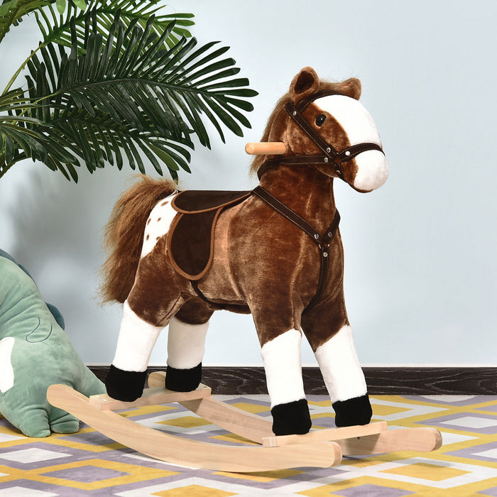 Qaba Rocking Horse Plush Pony Children Kid Ride On Toy W/ Realistic Sound (brown)