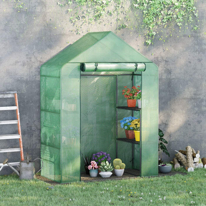 Outsunny Walk In Greenhouse For Outdoor, Portable Gardening Plant Grow House With 2 Tier Shelf, Roll