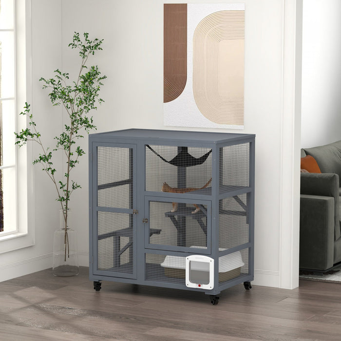 Pawhut Wooden Cat House For Indoor Cats 3 Levels Cat Condo Cat Villa On Wheels With Cat Flap Door Pl