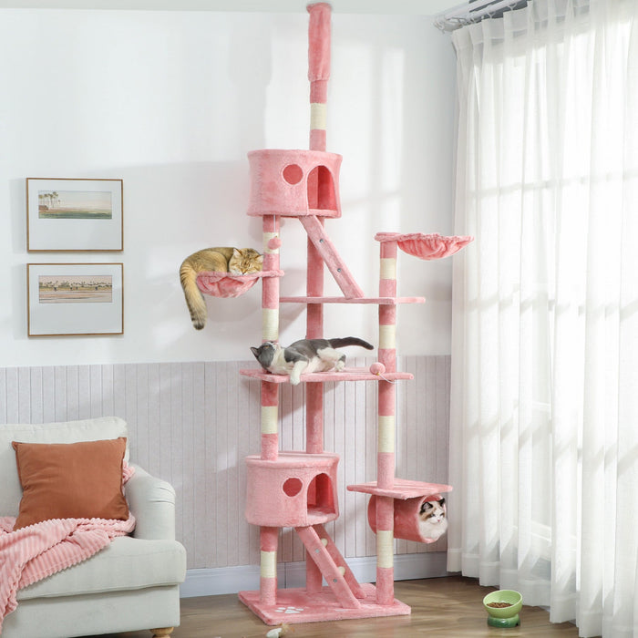 PawHut Cat Tower for Large Cats Adult, Floor to Ceiling Cat Tree Adjustable Height 94"-102" Multi-Level with Scratching Posts, Cozy Hammock, Pompoms, Pink