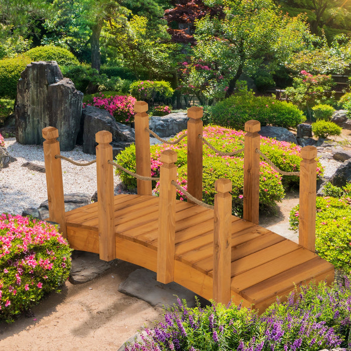 Outsunny 4ft Wooden Garden Bridge Arc Footbridge With Hemp Rope Railings & Solid Fir Construction, O