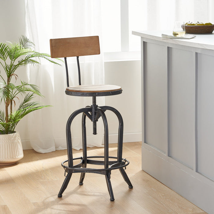 Milo Barstool With Adjustable Height, Fir Wood Seat, Metal Frame - Natural 