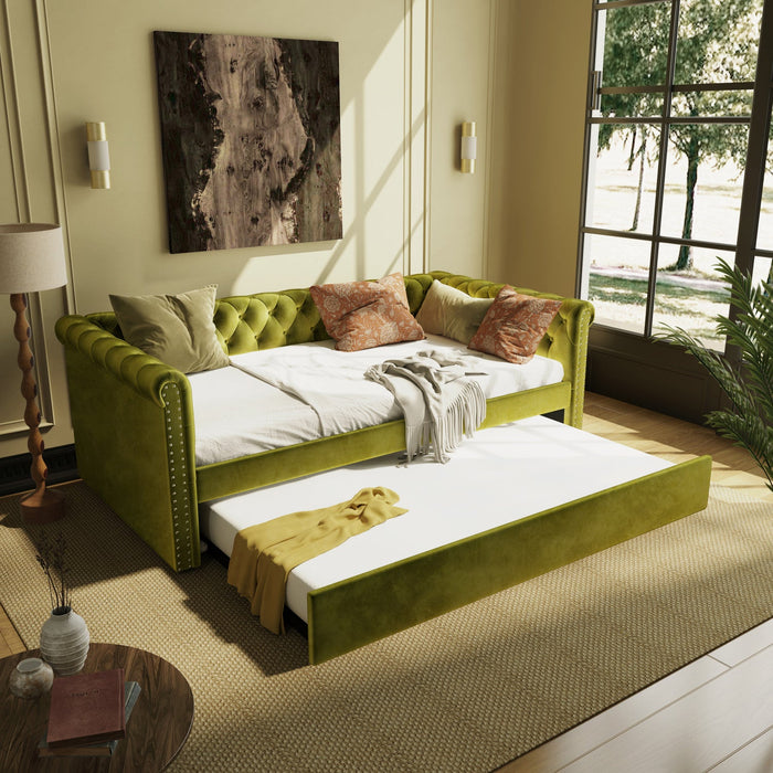 Sophia Tufted Design Upholstered Daybed with Trundle and Comfortable Backrest,Green  