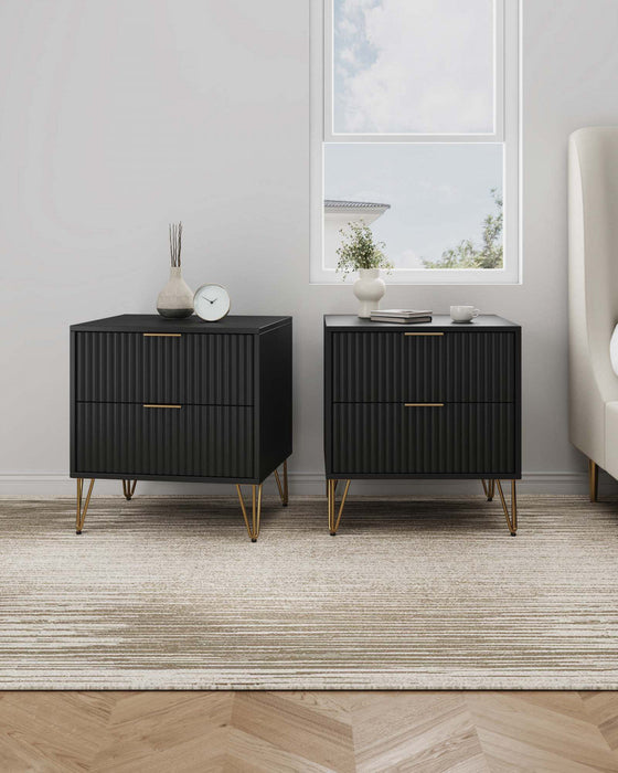 Dumbo Modern 20\" Fluted Nightstand in Black (2-Drawer) - Set of 2 