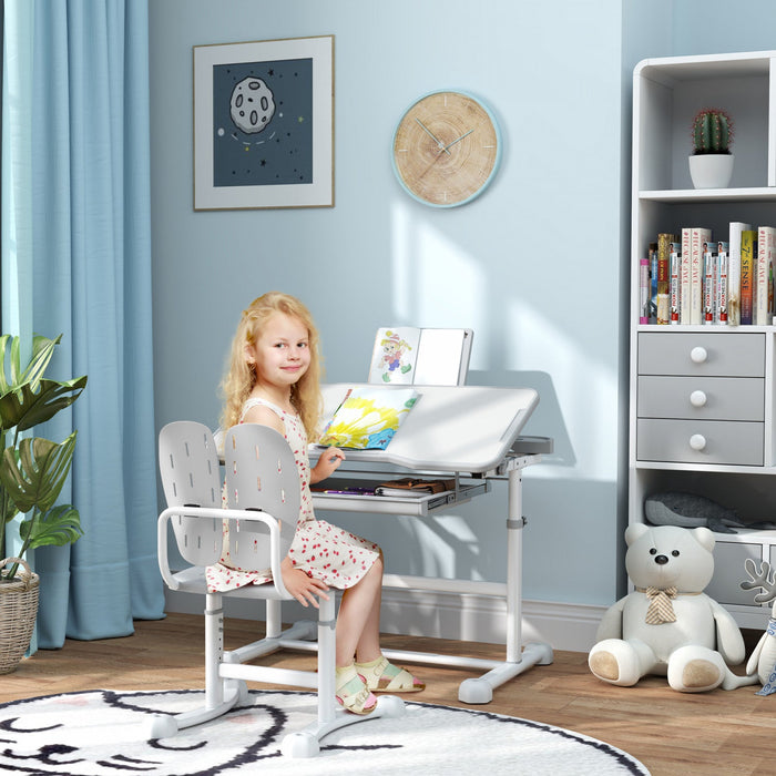 Qaba Kids Desk And Chair Set, Height Adjustable Kids Study Table And Chair Set With Tilt Desktop, La