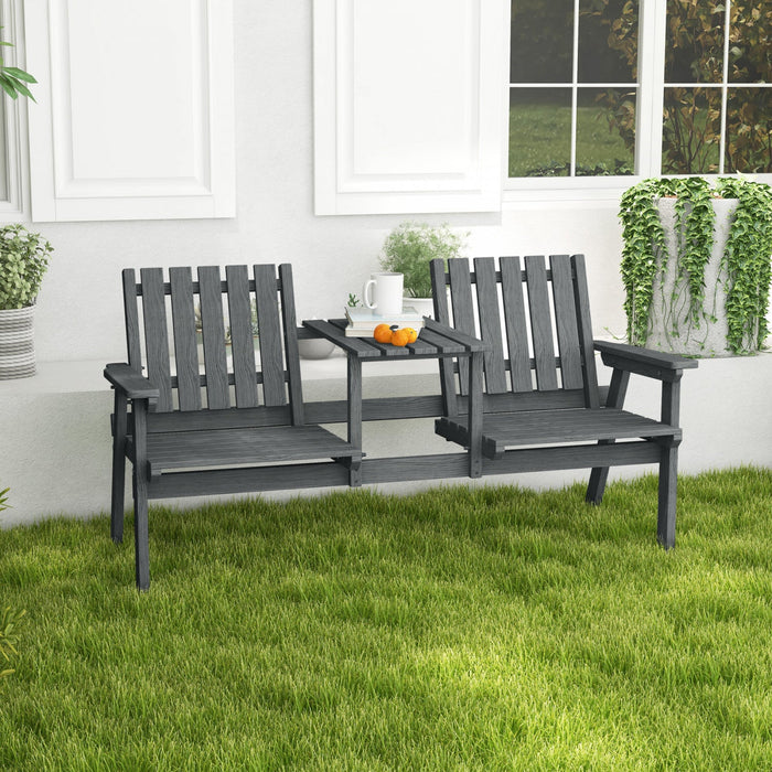 Outsunny Outdoor Wooden Bench With Middle Table And Umbrella Hole, Grey