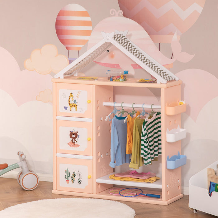 Qaba Kids Toy Organizer And Storage Book Shelf With Shelf, Storage Cabinet, Hanger, Storage Board, A