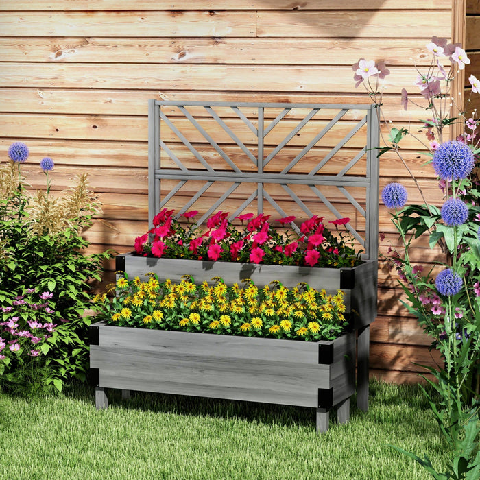 Outsunny 2 Tier Wooden Raised Bed W/ Trellis Elevated Planter Box, Grey