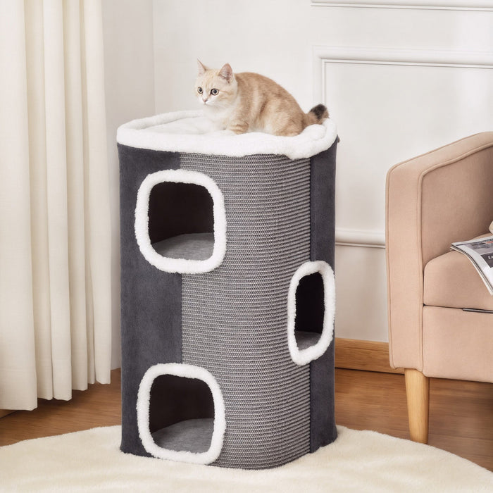 PawHut 4-Story Barrel Shaped Cat Condo, 29" Large Cat House for Indoor with Scratching Surface, Removable Soft Top Plush Bed, 3 Hideaways, Kitty Cave Bed Furniture for Kittens