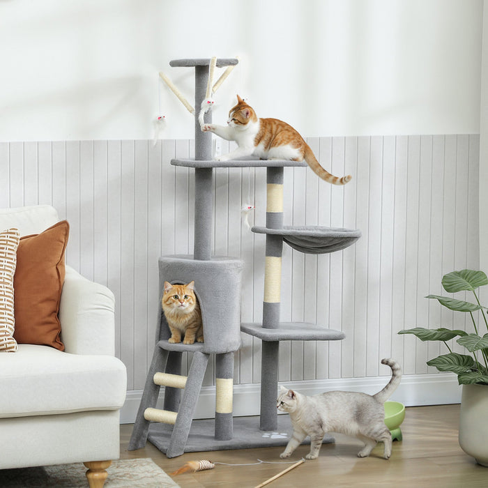 PawHut Cat Tree, 53" Cat Tower for Indoor Kittens with Sisal Scratching Posts, Plush Perches, Condo, Hammock, Ladder, Dangling Toys, Multi-Level Kitty Activity Centre, Grey