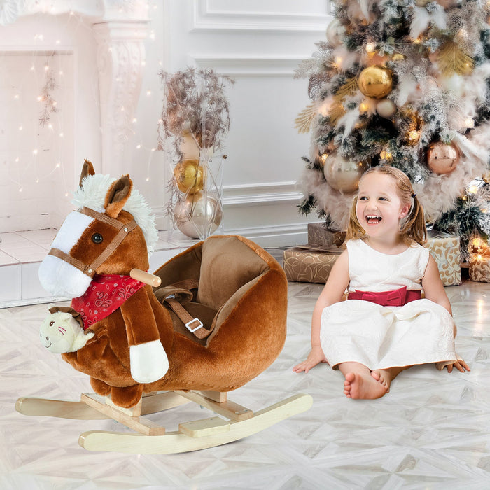 Qaba Kids Ride On Rocking Horse With Cradlesong Handle Grip Hand Puppet Traditional Toy Gift For Chi