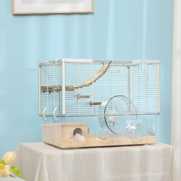 Pawhut Hamster Cage, Transparent Small Animal House With Deep Bottom, Wooden Ramp, Hut, Bathroom And Exercise Wheel For Hamster And Gerbil, 23.2" L X 14" W X 18.5" H, Single Hut