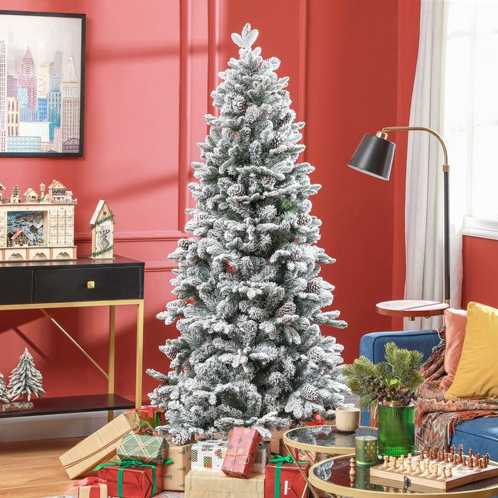 Homcom 6 Ft Artificial Christmas Tree With Flocked Tips, Pinecones, Hinge