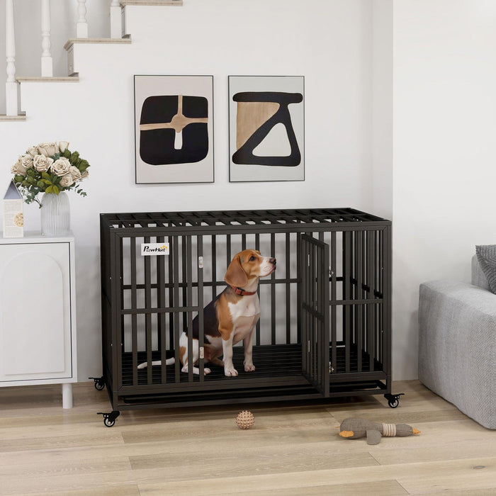 Pawhut Heavy Duty Steel Dog Crate Kennel Pet Cage With Wheels For Portability And A Door For Conveni