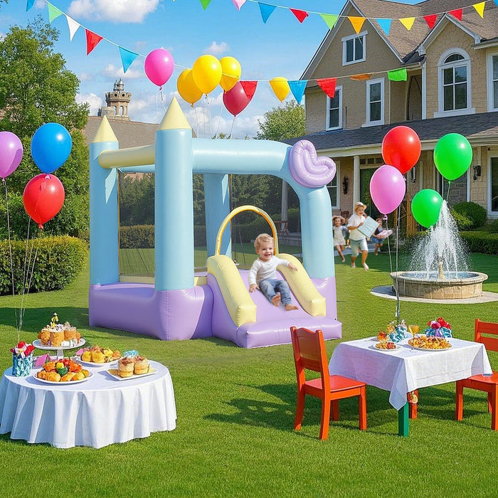 Qaba Inflatable Bounce House With 370w Blower, Bouncy Castle With Slide, Outdoor Indoor Party Wedding Playhouse Bouncer For Kids Ages 3-8, 98" X 65" X 79"