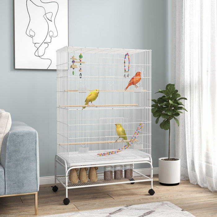 Pawhut 52" Bird Cage For Budgies Cockatiels Canaries Lovebirds Finches With Rolling Stand, Toys, Removable Tray, Storage Shelf, White
