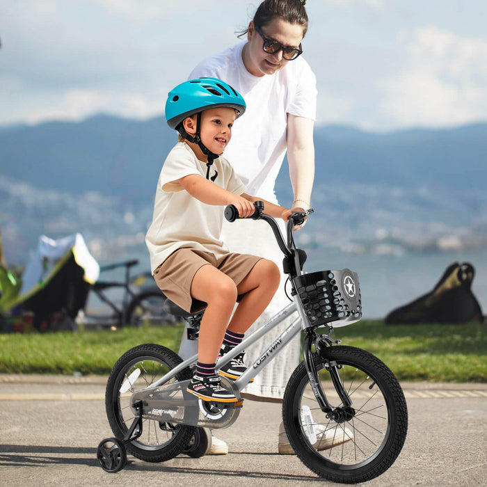 Costway 16" Kid's Bike With Training Wheels Adjustable Handlebar & Seat Handbrake Silver