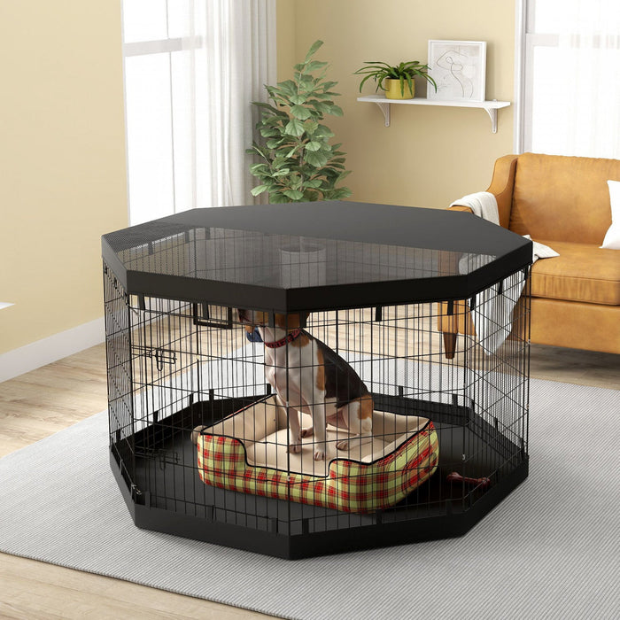 Pawhut Dog Playpen, 8 Panels Foldable Dog Pen With Waterproof Bottom Pad, Sunproof Top Cover, 36\"h D