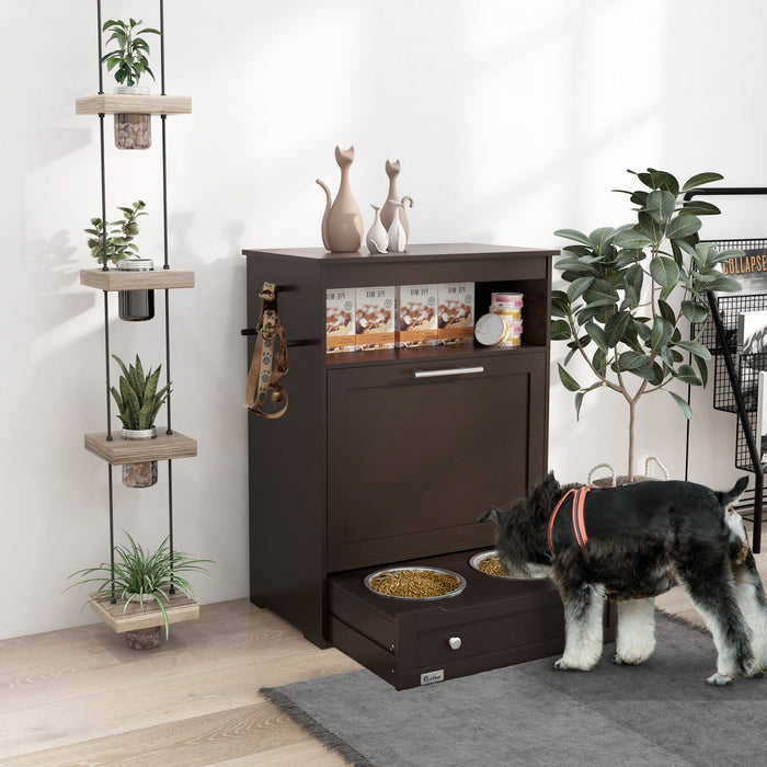 Pawhut Pet Feeder Station Storage Cabinet, Dog Food Storage Container With Dog Raised Bowls And Hang