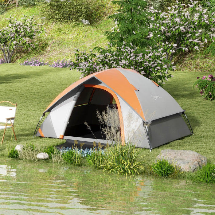 Outsunny 2 Man Camping Tent, 3000mm Waterproof Family Tent, Grey and Orange