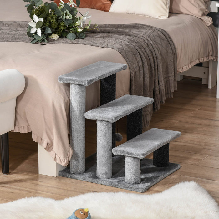 Pawhut Cat Stairs 3 Steps For Bed, Couch With Scratching Posts, Small Cat Tree For Indoor Cats With Toy Ball, 17.5" X 15.5" X 19", Light Grey