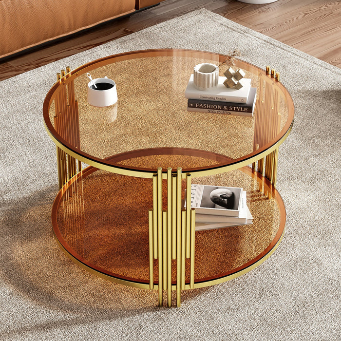 Jonas 31.5\" Round Tempered Glass Coffee Table With Lower Shelf - Brown 