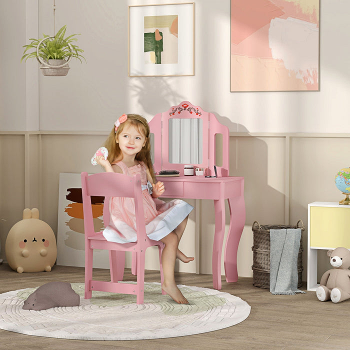 Qaba Kids Vanity Set, Dual-use Dressing Table With Removable Mirror, Makeup Table With Chair And Drawer, For Ages 3-8, Pink
